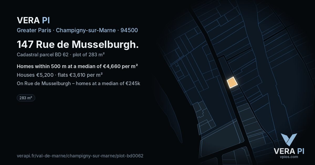 147 Rue de Musselburgh, Champigny-sur-Marne at night – the plot lit, the parcels around coloured by the prices near them