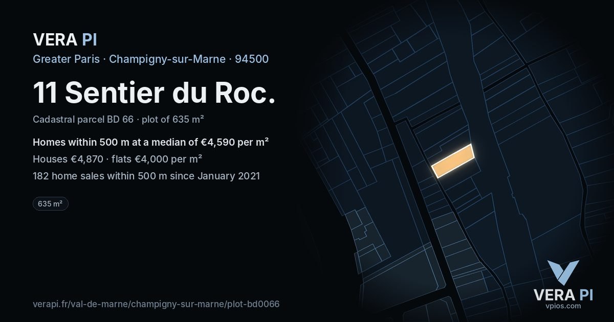 11 Sentier du Roc, Champigny-sur-Marne at night – the plot lit, the parcels around coloured by the prices near them