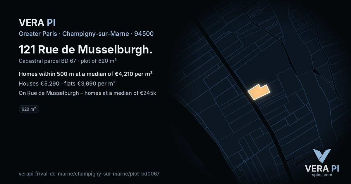 121 Rue de Musselburgh, Champigny-sur-Marne at night – the plot lit, the parcels around coloured by the prices near them