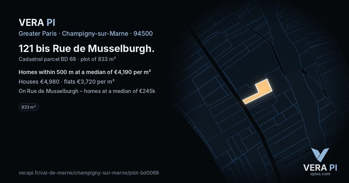 121 bis Rue de Musselburgh, Champigny-sur-Marne at night – the plot lit, the parcels around coloured by the prices near them