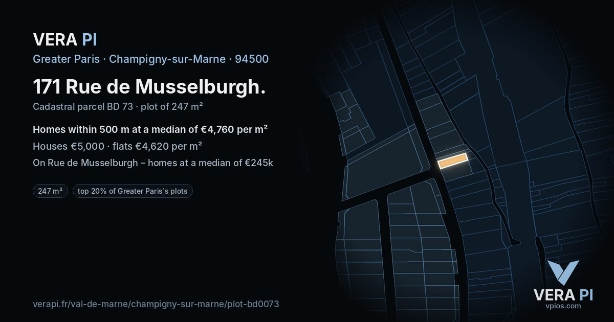 171 Rue de Musselburgh, Champigny-sur-Marne at night – the plot lit, the parcels around coloured by the prices near them