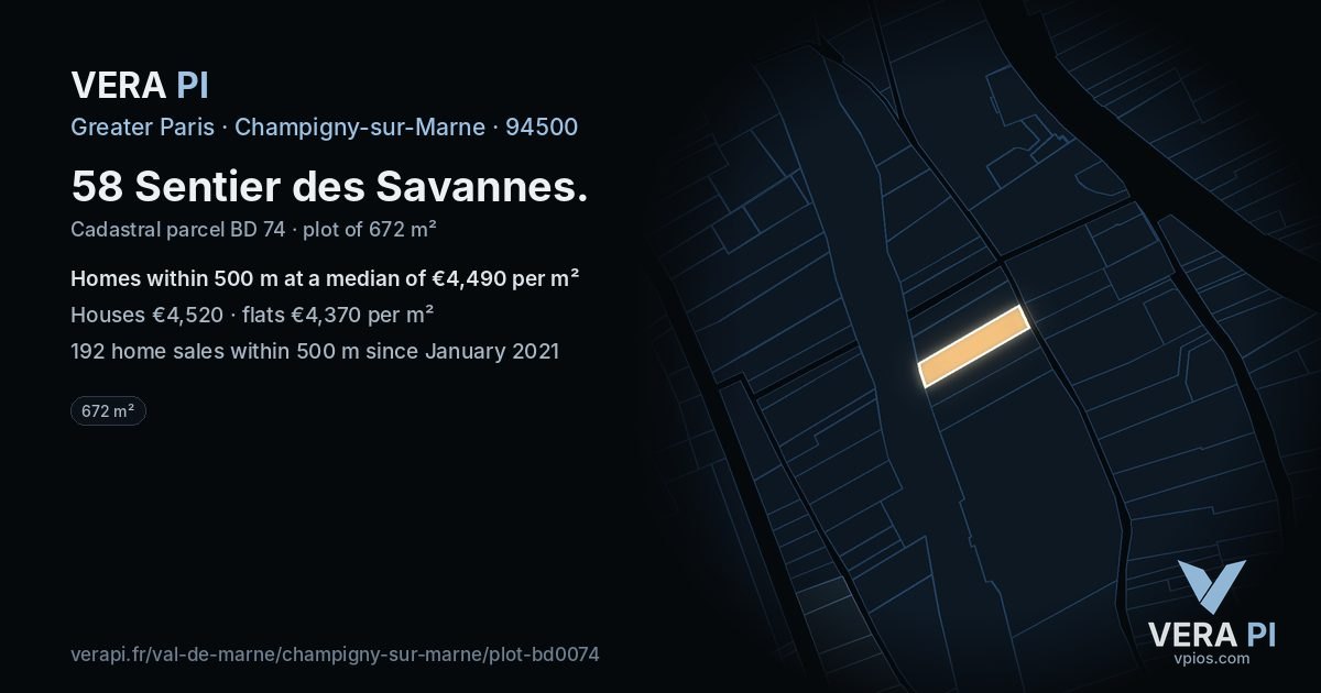 58 Sentier des Savannes, Champigny-sur-Marne at night – the plot lit, the parcels around coloured by the prices near them