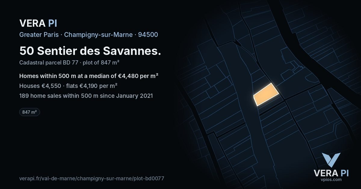 50 Sentier des Savannes, Champigny-sur-Marne at night – the plot lit, the parcels around coloured by the prices near them