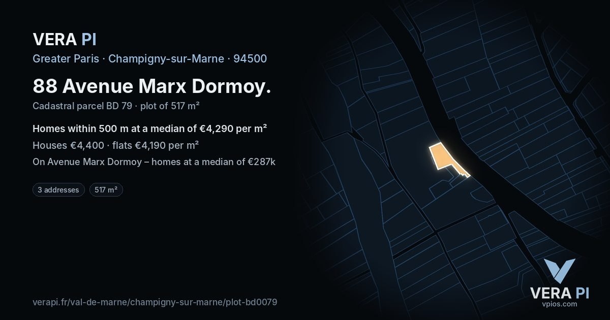 88 Avenue Marx Dormoy, Champigny-sur-Marne at night – the plot lit, the parcels around coloured by the prices near them