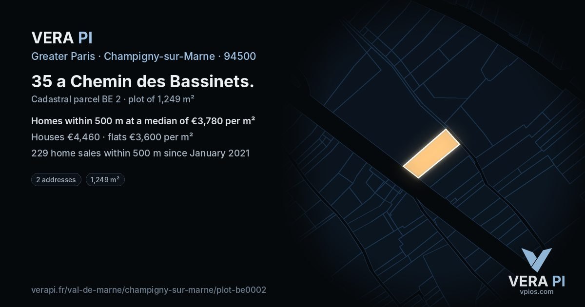 35 a Chemin des Bassinets, Champigny-sur-Marne at night – the plot lit, the parcels around coloured by the prices near them