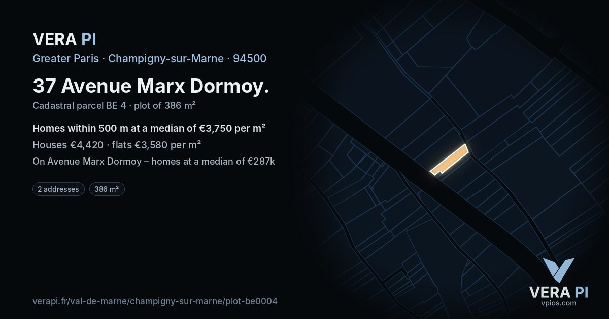 37 Avenue Marx Dormoy, Champigny-sur-Marne at night – the plot lit, the parcels around coloured by the prices near them