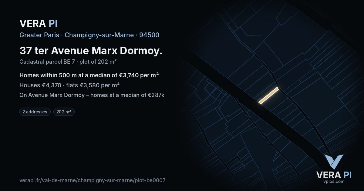 37 ter Avenue Marx Dormoy, Champigny-sur-Marne at night – the plot lit, the parcels around coloured by the prices near them