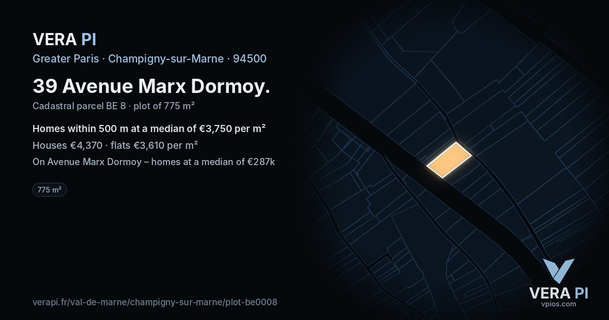 39 Avenue Marx Dormoy, Champigny-sur-Marne at night – the plot lit, the parcels around coloured by the prices near them
