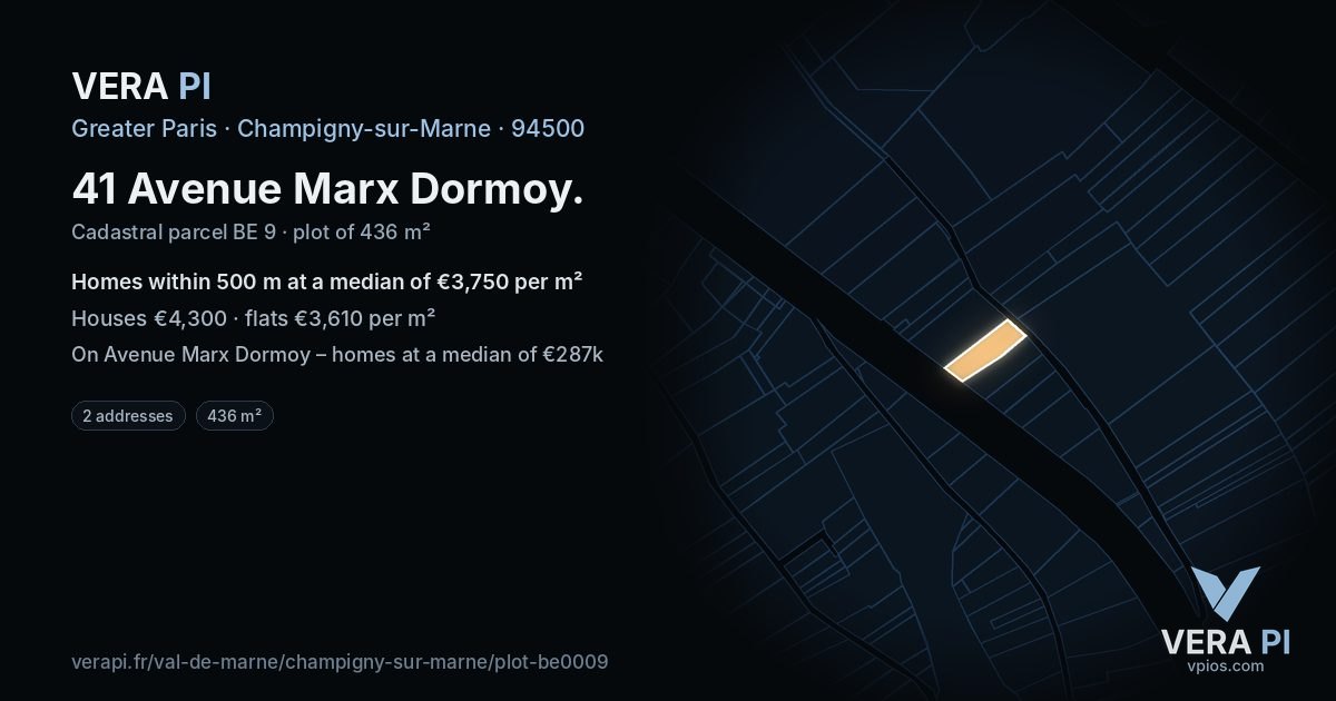 41 Avenue Marx Dormoy, Champigny-sur-Marne at night – the plot lit, the parcels around coloured by the prices near them
