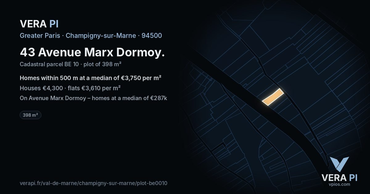 43 Avenue Marx Dormoy, Champigny-sur-Marne at night – the plot lit, the parcels around coloured by the prices near them