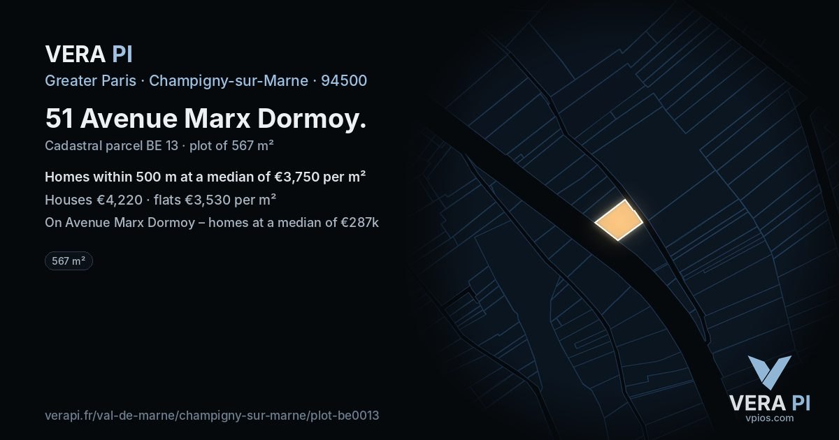 51 Avenue Marx Dormoy, Champigny-sur-Marne at night – the plot lit, the parcels around coloured by the prices near them