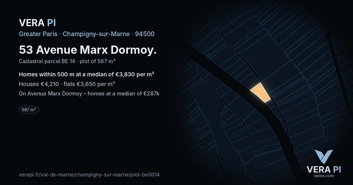 53 Avenue Marx Dormoy, Champigny-sur-Marne at night – the plot lit, the parcels around coloured by the prices near them