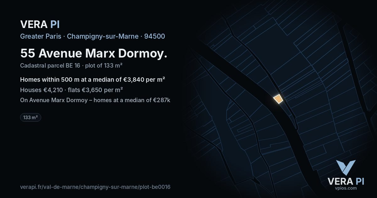 55 Avenue Marx Dormoy, Champigny-sur-Marne at night – the plot lit, the parcels around coloured by the prices near them