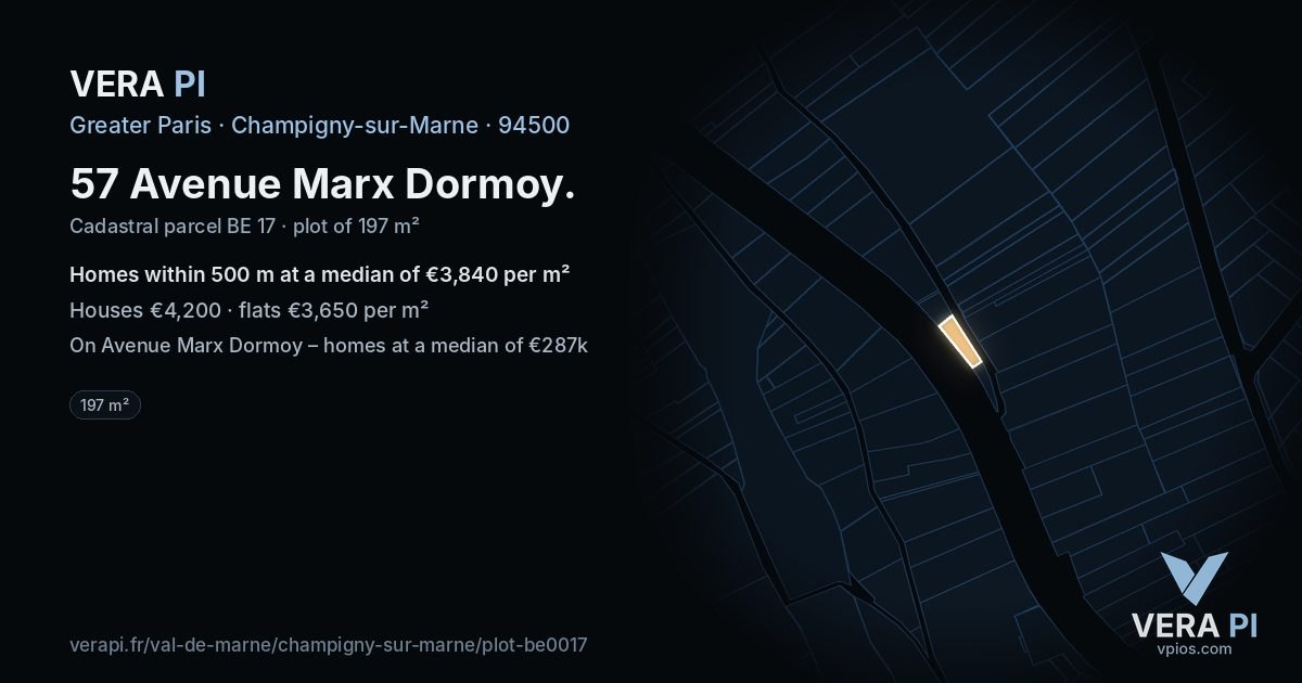 57 Avenue Marx Dormoy, Champigny-sur-Marne at night – the plot lit, the parcels around coloured by the prices near them