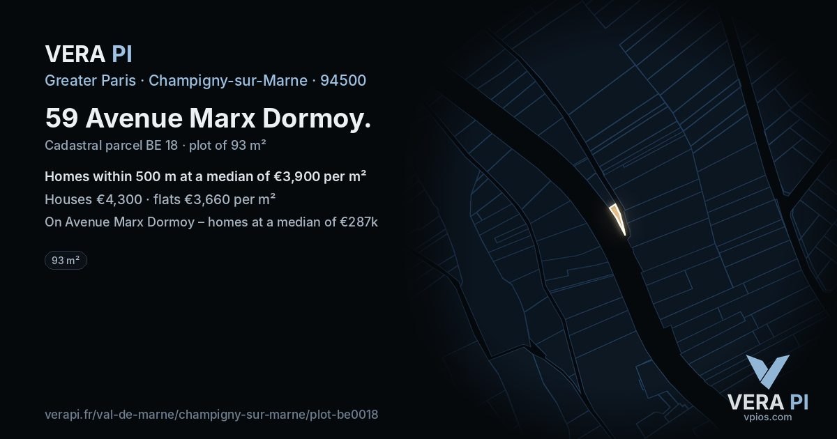 59 Avenue Marx Dormoy, Champigny-sur-Marne at night – the plot lit, the parcels around coloured by the prices near them