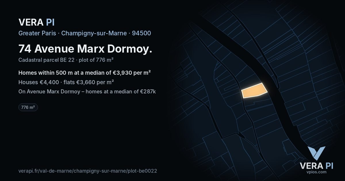 74 Avenue Marx Dormoy, Champigny-sur-Marne at night – the plot lit, the parcels around coloured by the prices near them