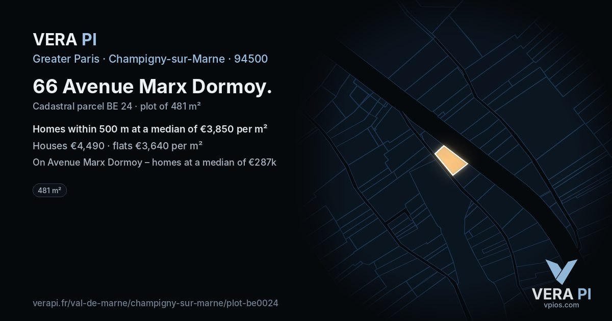 66 Avenue Marx Dormoy, Champigny-sur-Marne at night – the plot lit, the parcels around coloured by the prices near them