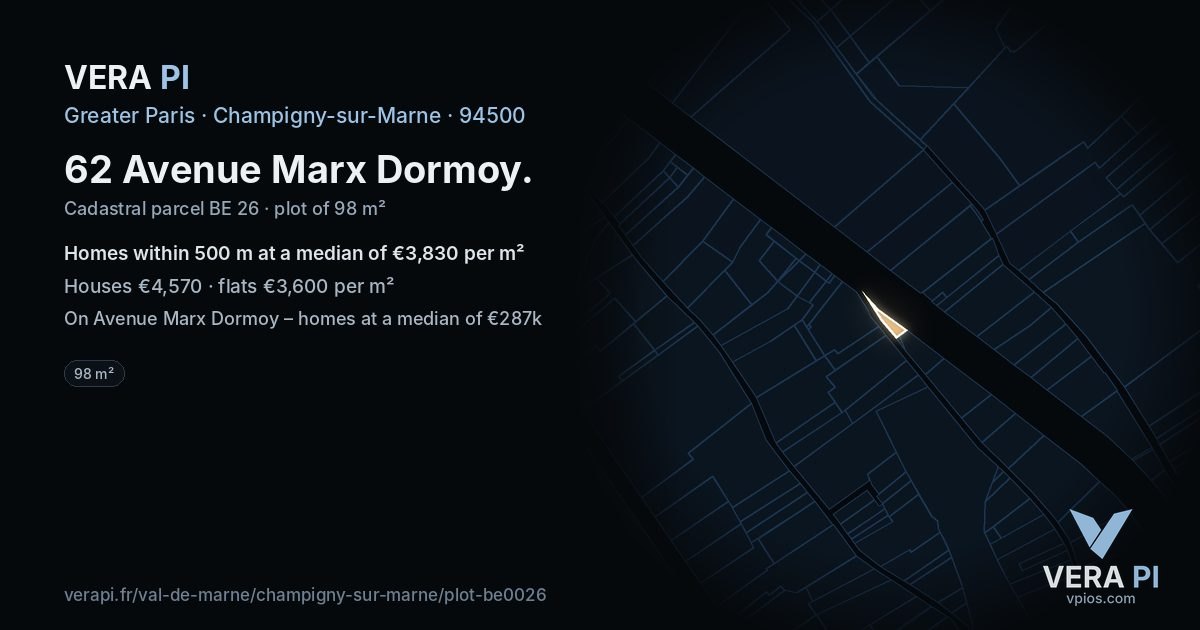 62 Avenue Marx Dormoy, Champigny-sur-Marne at night – the plot lit, the parcels around coloured by the prices near them