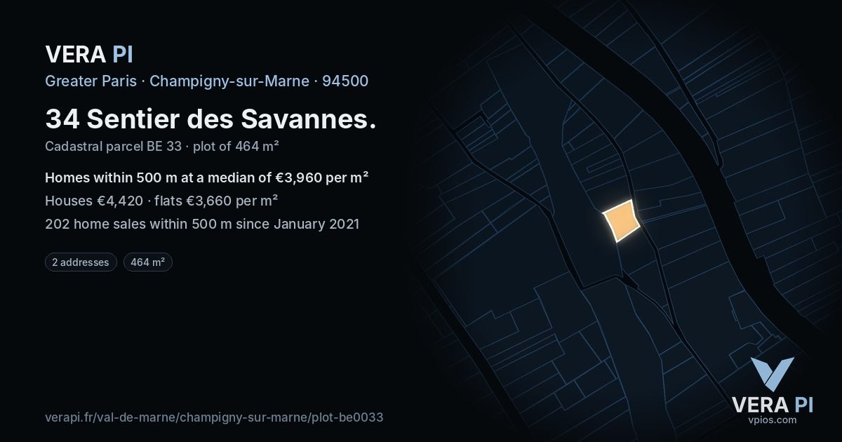 34 Sentier des Savannes, Champigny-sur-Marne at night – the plot lit, the parcels around coloured by the prices near them