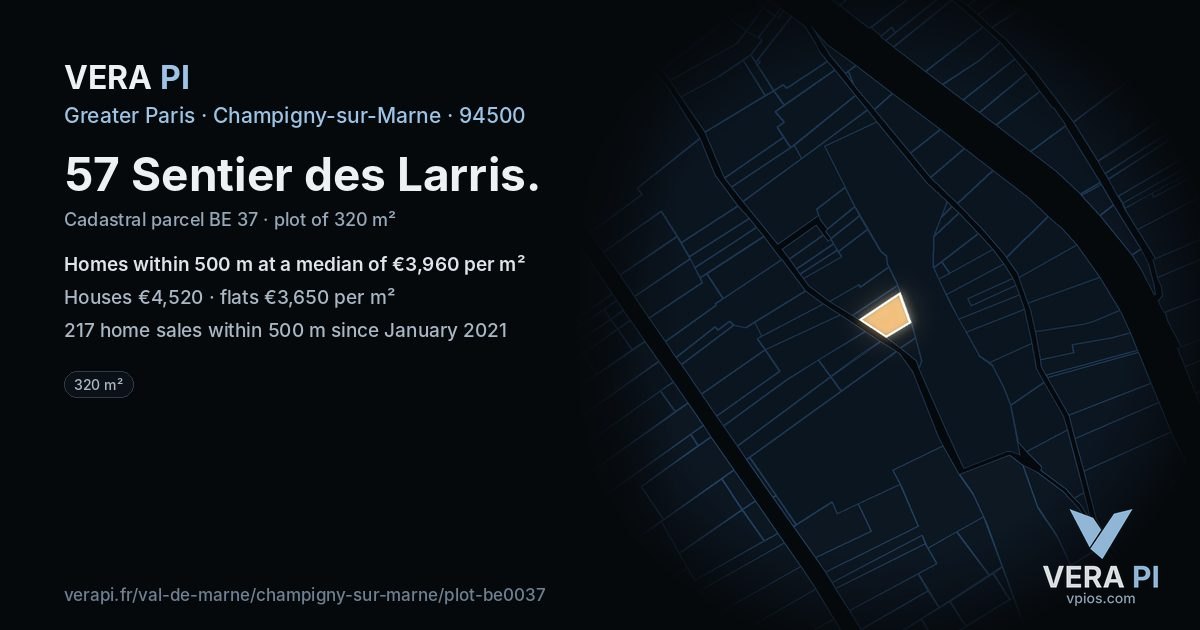57 Sentier des Larris, Champigny-sur-Marne at night – the plot lit, the parcels around coloured by the prices near them