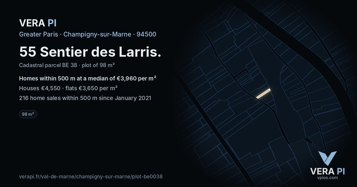 55 Sentier des Larris, Champigny-sur-Marne at night – the plot lit, the parcels around coloured by the prices near them