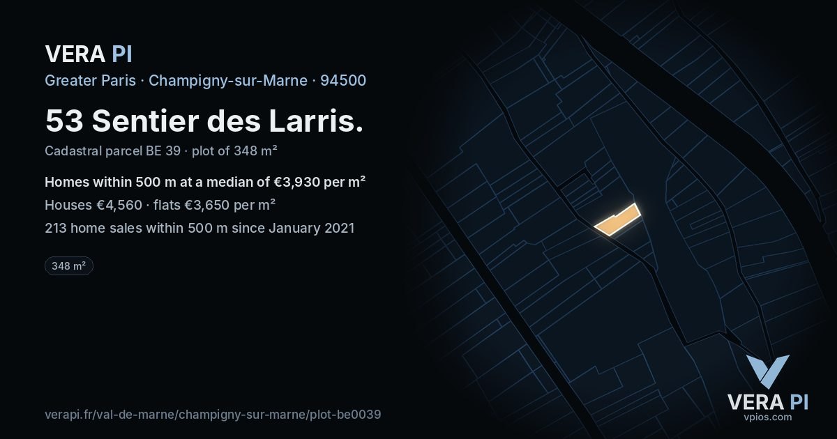 53 Sentier des Larris, Champigny-sur-Marne at night – the plot lit, the parcels around coloured by the prices near them