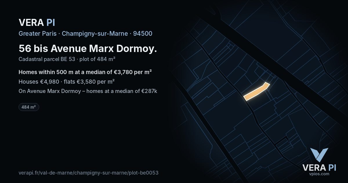56 bis Avenue Marx Dormoy, Champigny-sur-Marne at night – the plot lit, the parcels around coloured by the prices near them