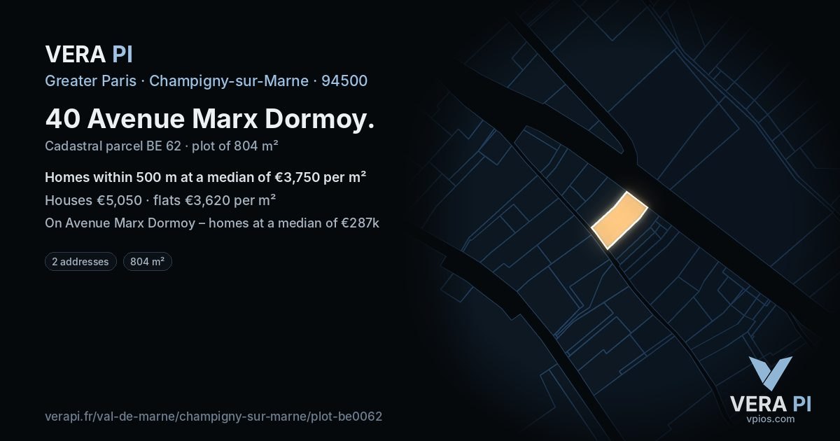 40 Avenue Marx Dormoy, Champigny-sur-Marne at night – the plot lit, the parcels around coloured by the prices near them