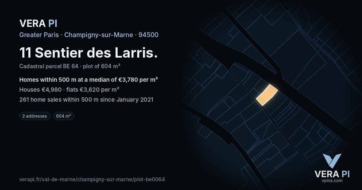 11 Sentier des Larris, Champigny-sur-Marne at night – the plot lit, the parcels around coloured by the prices near them