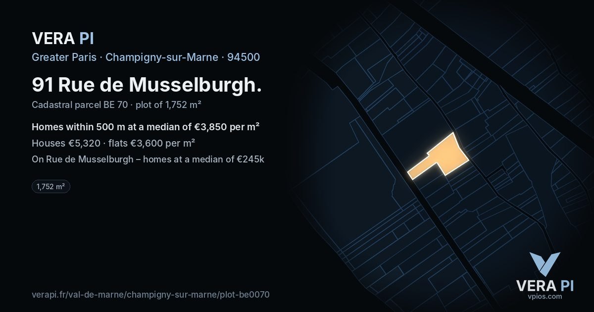 91 Rue de Musselburgh, Champigny-sur-Marne at night – the plot lit, the parcels around coloured by the prices near them
