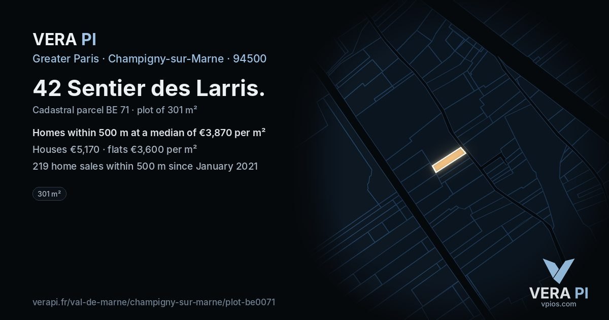 42 Sentier des Larris, Champigny-sur-Marne at night – the plot lit, the parcels around coloured by the prices near them