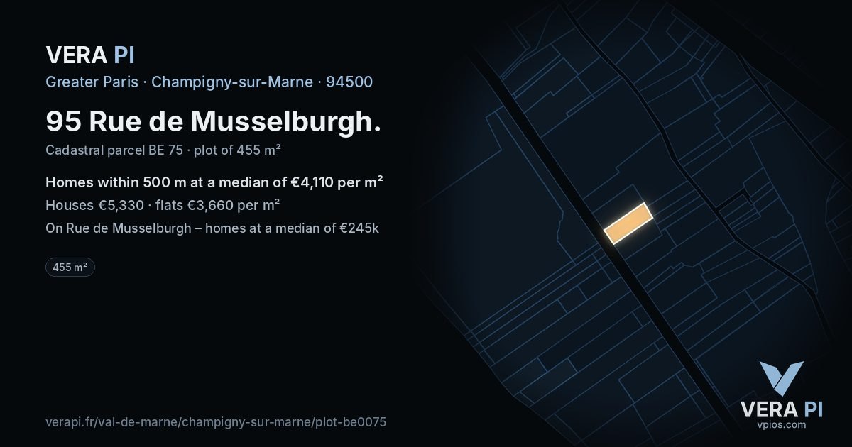 95 Rue de Musselburgh, Champigny-sur-Marne at night – the plot lit, the parcels around coloured by the prices near them
