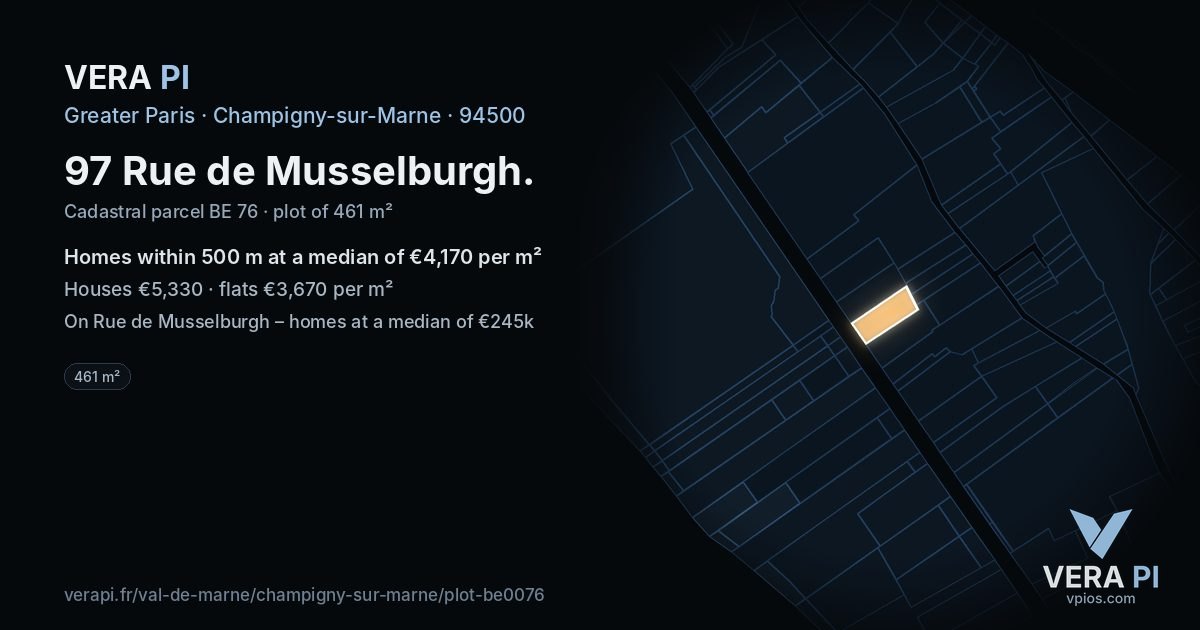 97 Rue de Musselburgh, Champigny-sur-Marne at night – the plot lit, the parcels around coloured by the prices near them