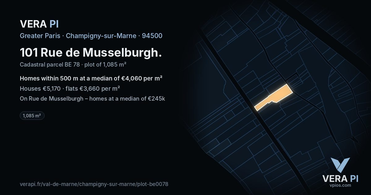 101 Rue de Musselburgh, Champigny-sur-Marne at night – the plot lit, the parcels around coloured by the prices near them