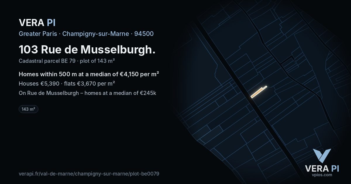 103 Rue de Musselburgh, Champigny-sur-Marne at night – the plot lit, the parcels around coloured by the prices near them
