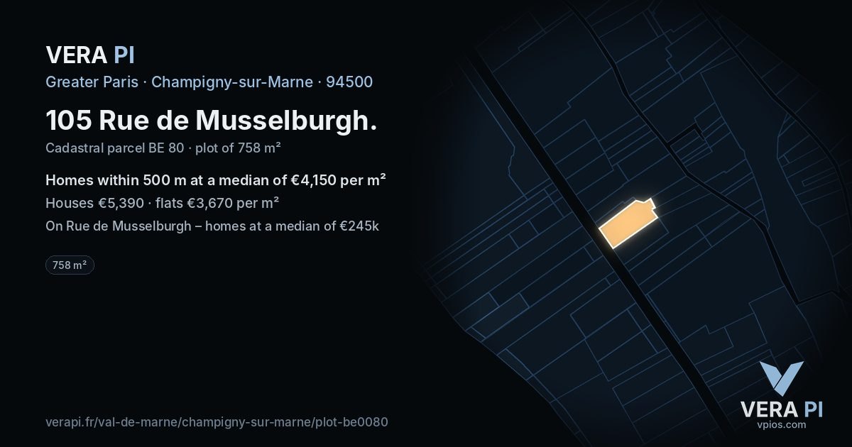 105 Rue de Musselburgh, Champigny-sur-Marne at night – the plot lit, the parcels around coloured by the prices near them