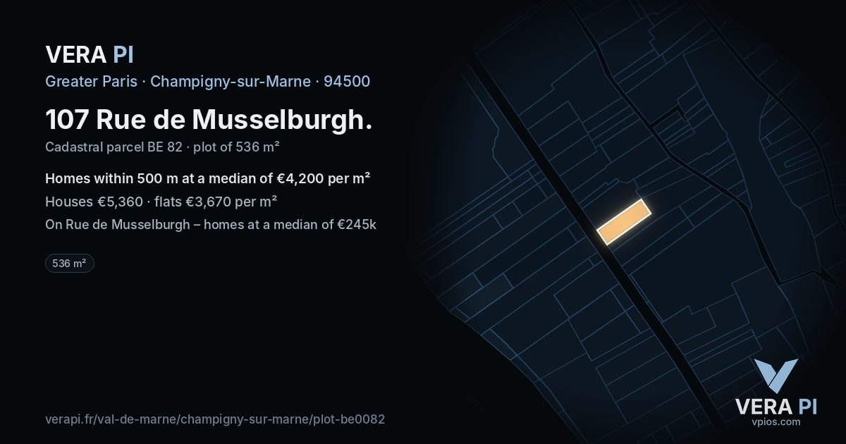 107 Rue de Musselburgh, Champigny-sur-Marne at night – the plot lit, the parcels around coloured by the prices near them