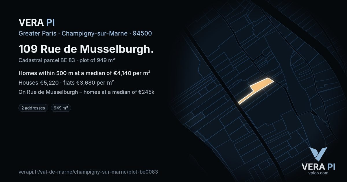109 Rue de Musselburgh, Champigny-sur-Marne at night – the plot lit, the parcels around coloured by the prices near them