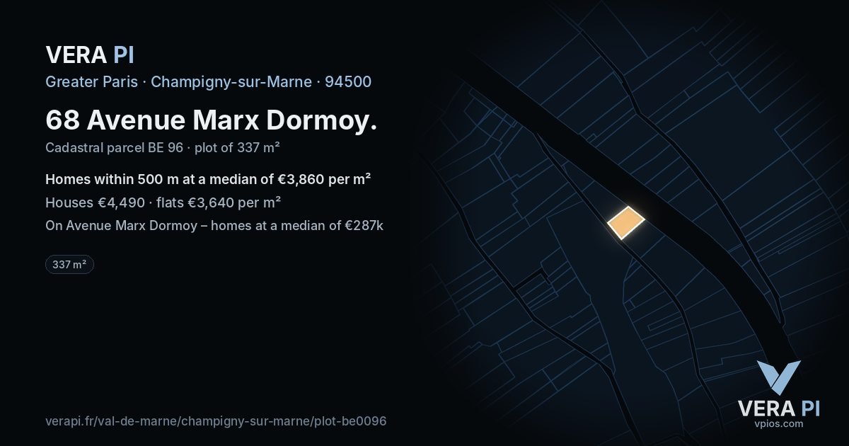 68 Avenue Marx Dormoy, Champigny-sur-Marne at night – the plot lit, the parcels around coloured by the prices near them