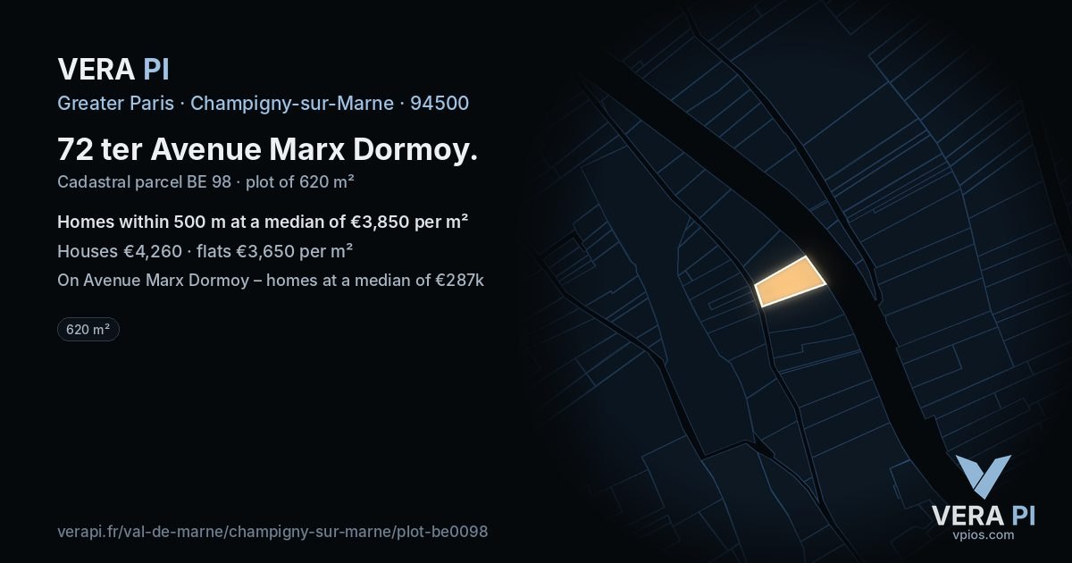72 ter Avenue Marx Dormoy, Champigny-sur-Marne at night – the plot lit, the parcels around coloured by the prices near them