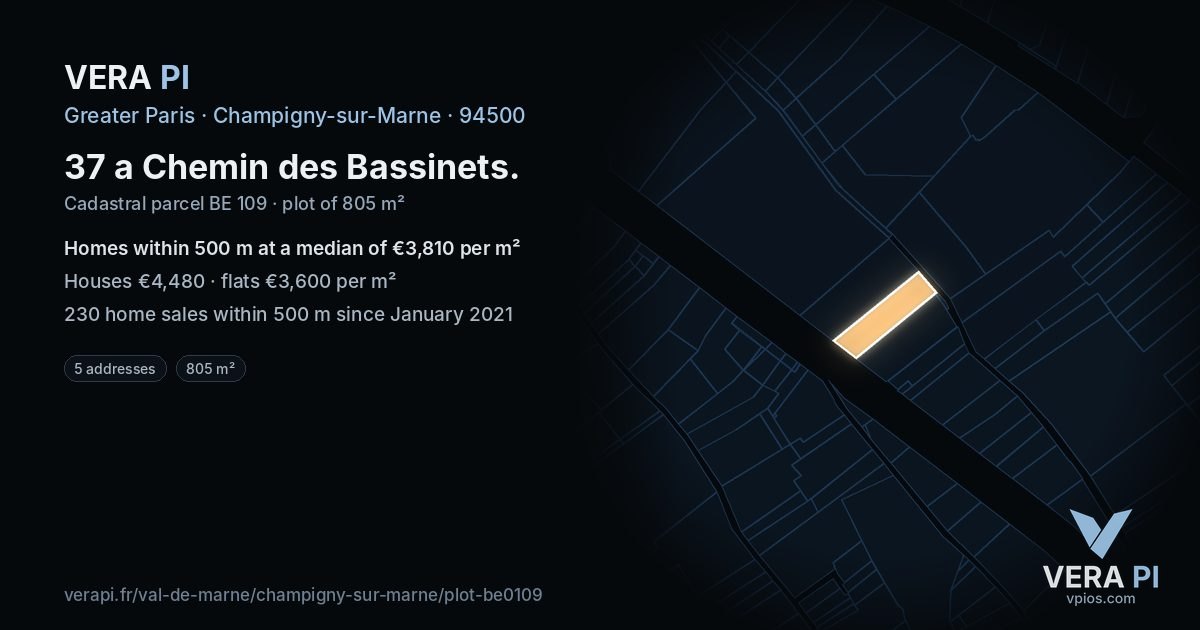 37 a Chemin des Bassinets, Champigny-sur-Marne at night – the plot lit, the parcels around coloured by the prices near them