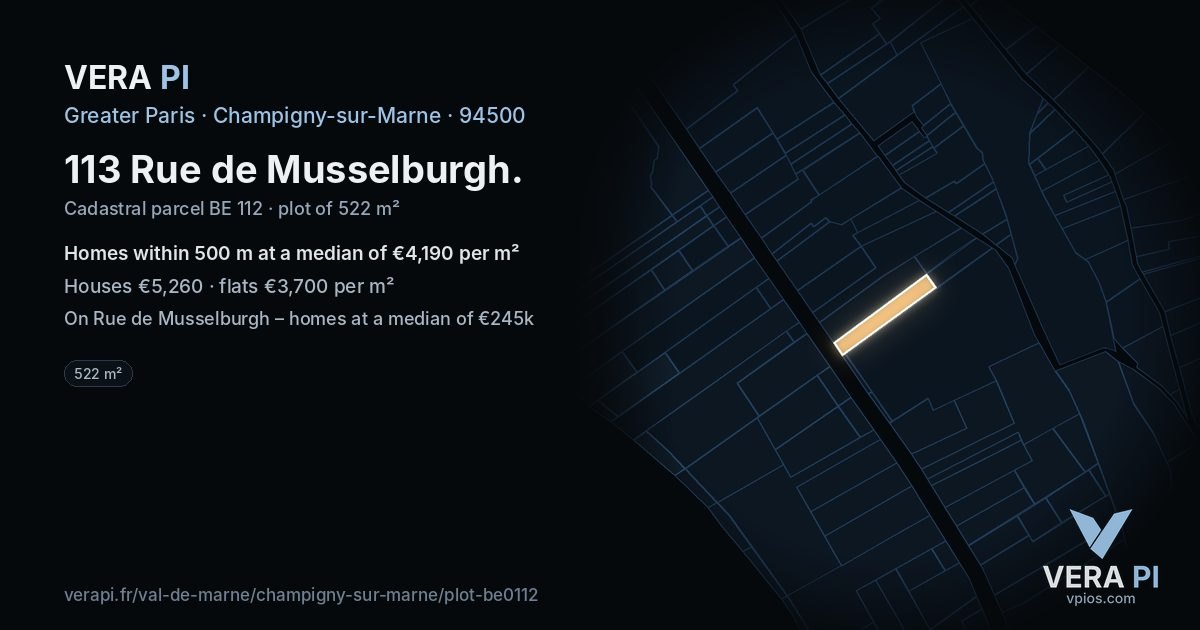 113 Rue de Musselburgh, Champigny-sur-Marne at night – the plot lit, the parcels around coloured by the prices near them