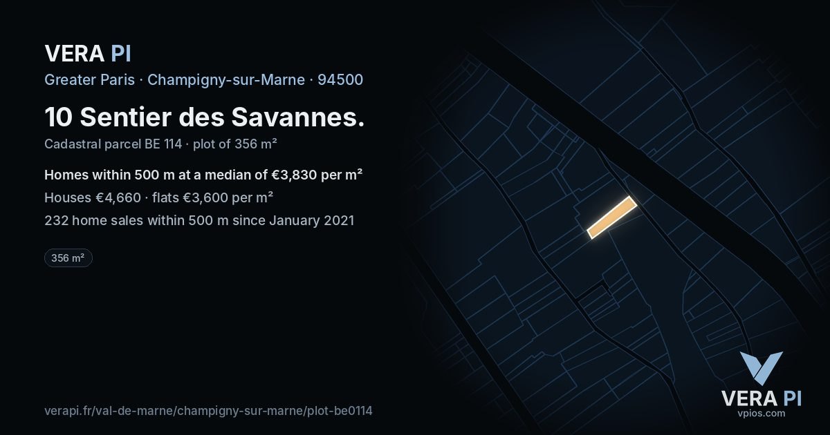 10 Sentier des Savannes, Champigny-sur-Marne at night – the plot lit, the parcels around coloured by the prices near them
