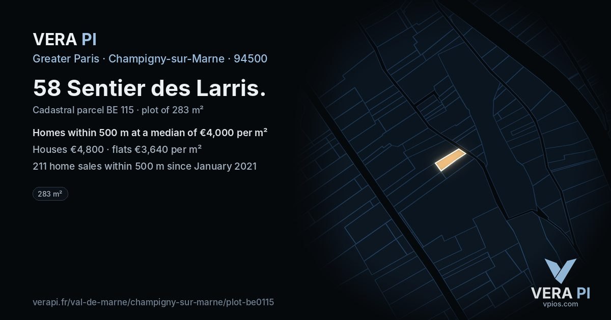 58 Sentier des Larris, Champigny-sur-Marne at night – the plot lit, the parcels around coloured by the prices near them