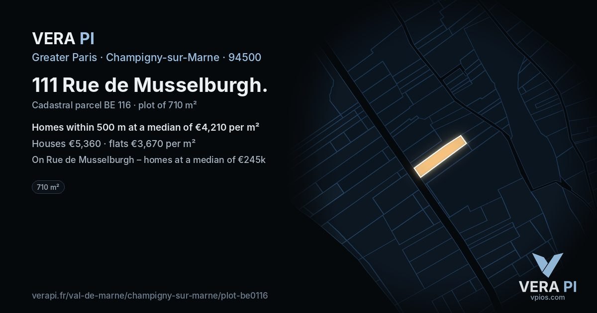 111 Rue de Musselburgh, Champigny-sur-Marne at night – the plot lit, the parcels around coloured by the prices near them