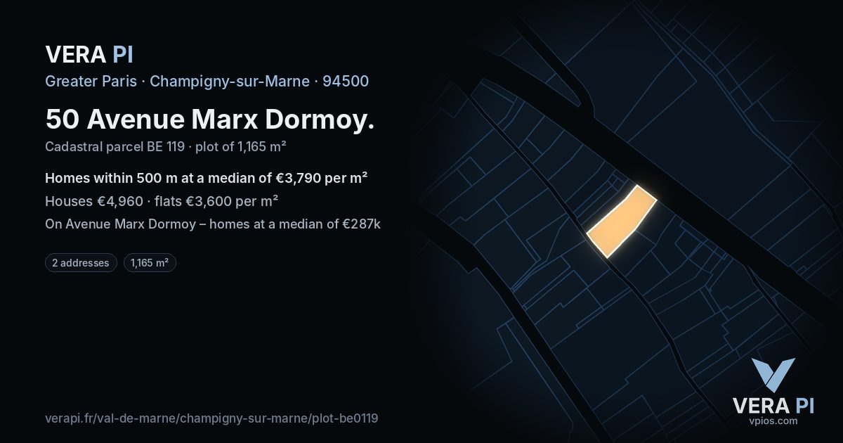 50 Avenue Marx Dormoy, Champigny-sur-Marne at night – the plot lit, the parcels around coloured by the prices near them