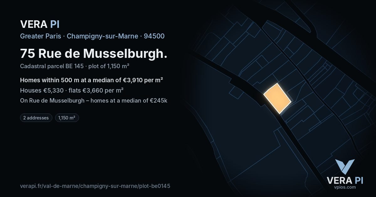 75 Rue de Musselburgh, Champigny-sur-Marne at night – the plot lit, the parcels around coloured by the prices near them
