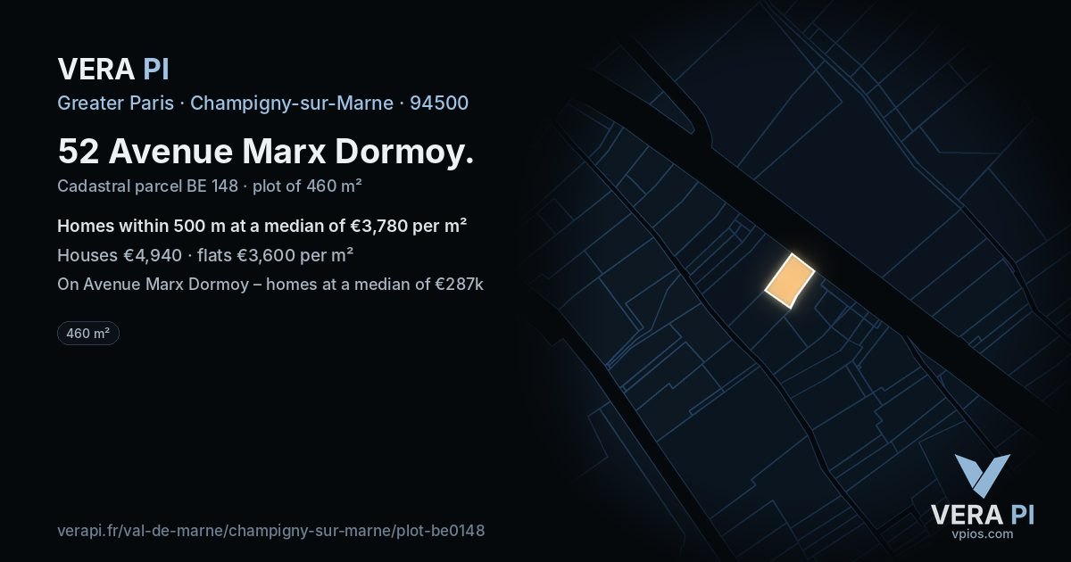 52 Avenue Marx Dormoy, Champigny-sur-Marne at night – the plot lit, the parcels around coloured by the prices near them