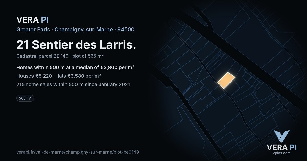 21 Sentier des Larris, Champigny-sur-Marne at night – the plot lit, the parcels around coloured by the prices near them
