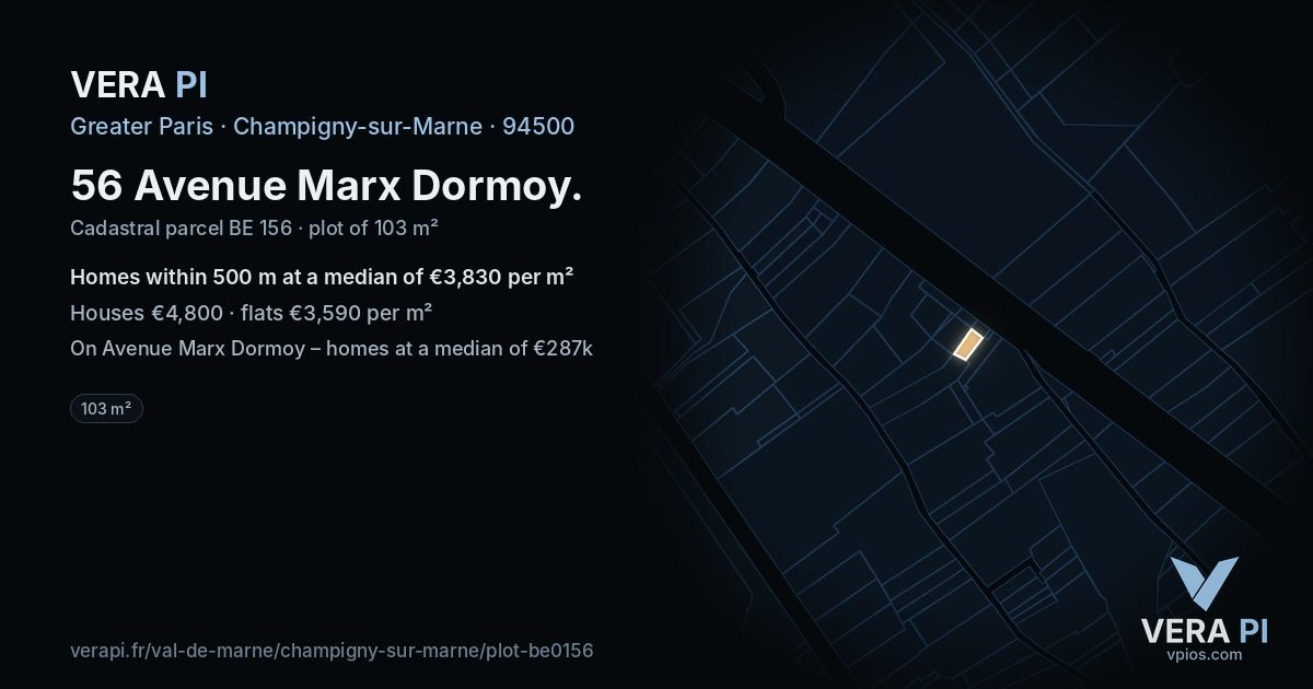 56 Avenue Marx Dormoy, Champigny-sur-Marne at night – the plot lit, the parcels around coloured by the prices near them